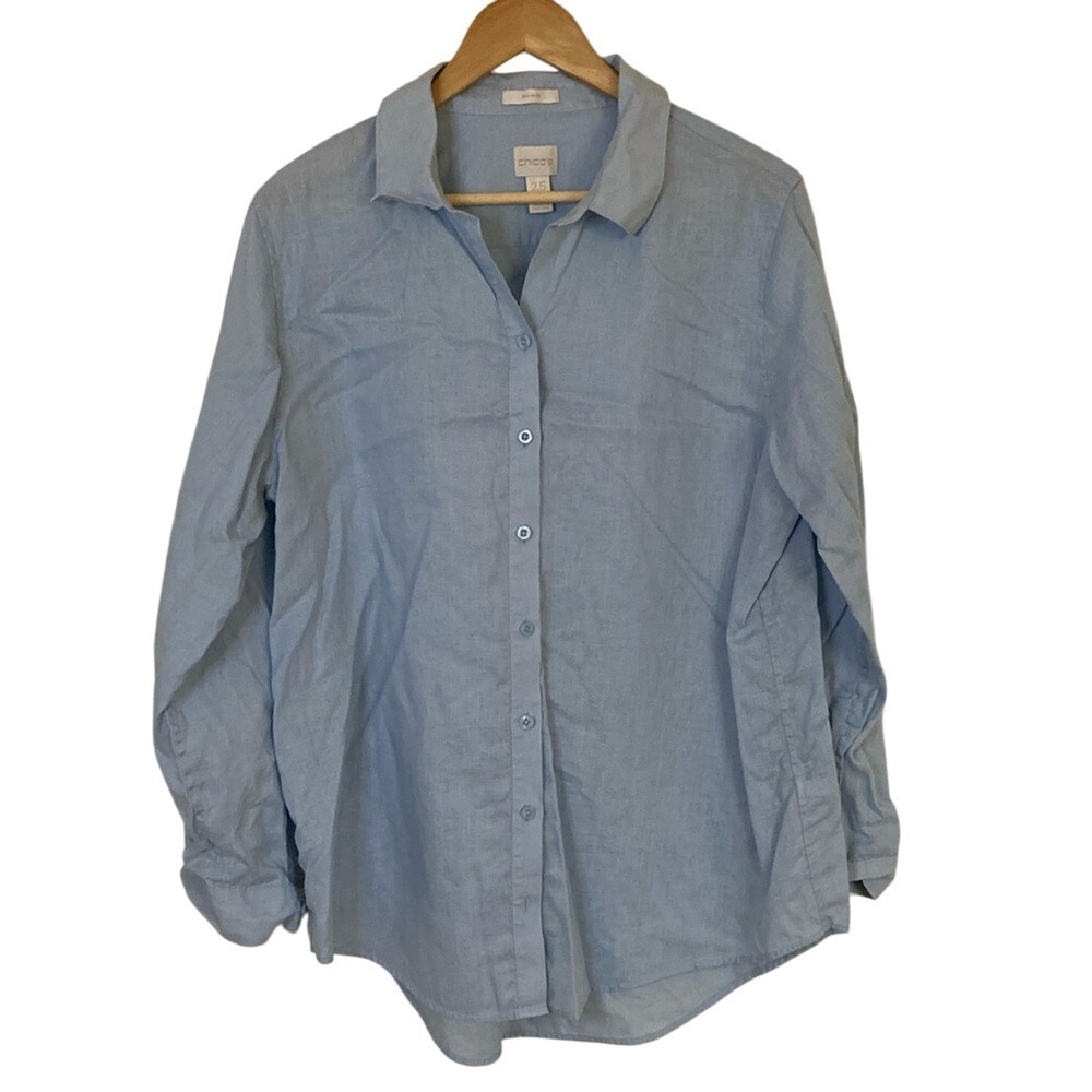 Chicos Womens 100% Linen Blue Button Up Shirt Size 2.5 Large Classic Summer